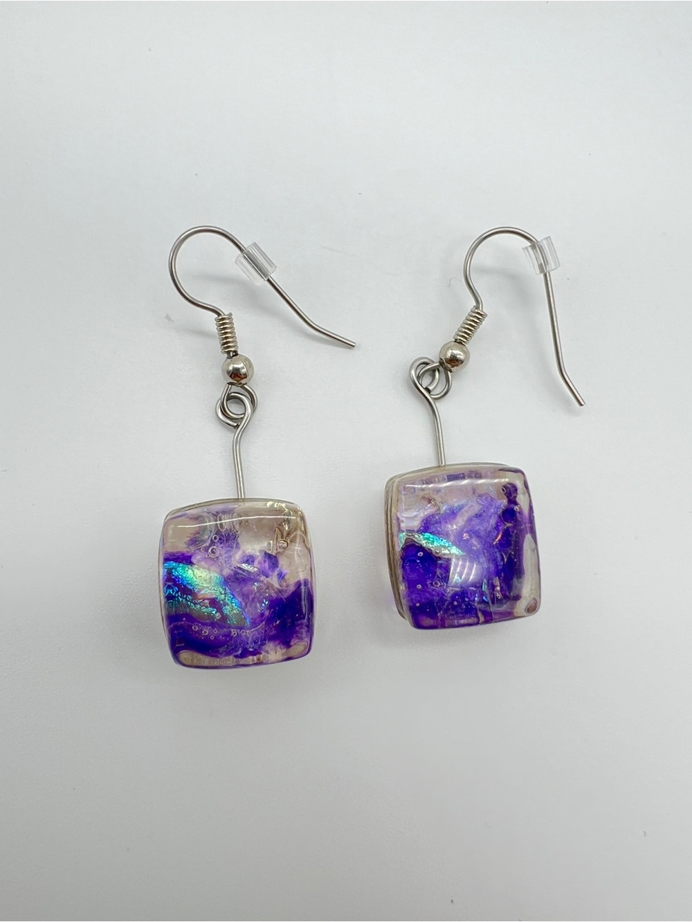 925 Silver Dichroic Glass Handmade Purple Drop Earrings